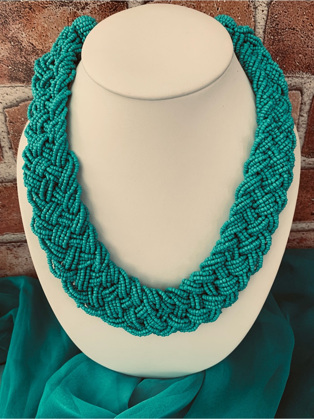 Turquoise Teal Flat Braided Beaded Necklace